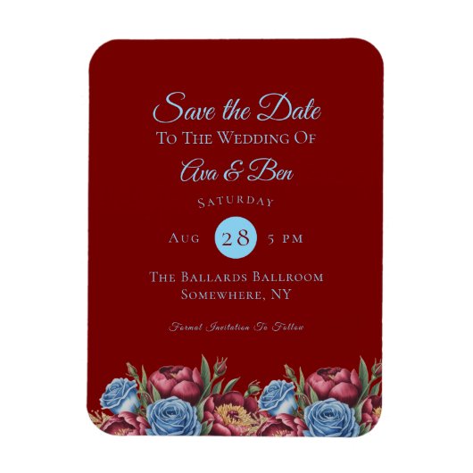 Burgundy Peony und Blue Rose Save the Date Magnet (Vertikal)