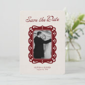 Burgundy photo retro lace  save the date (Stehend Vorderseite)