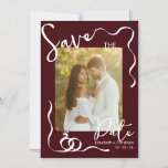 Burgundy Photo Whimsical Romantic Save the Date Magneteinladung<br><div class="desc">Announce your special day with this elegant burgundy photo Save the Date card featuring modern handwritten typography, delicate decorative line accents, and a romantic engagement photo layout. The deep burgundy background paired with soft white script creates a timeless and sophisticated look, making it perfect for fall, winter, or classic romantic...</div>