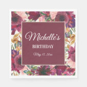 Burgundy Pink Aquarell Floral Geburtsname Serviette (Vorderseite)