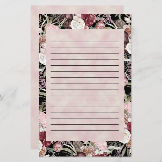 Burgundy Pink Aquarellfarbe Schwarz Briefpapier (Vorne/Hinten)