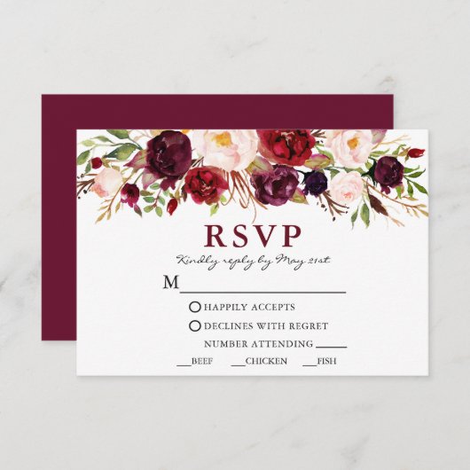 Burgundy Pink Blumenmahlzeit RSVP Karte (Vorne/Hinten)