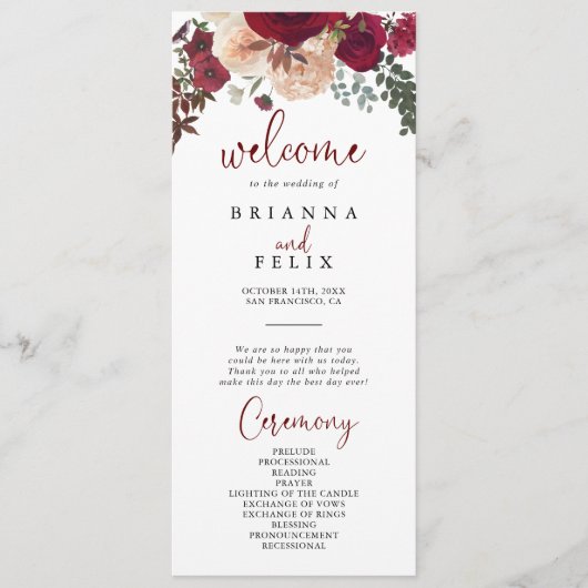Burgundy Pink Blush Bloral Wedding Programm (Vorderseite)