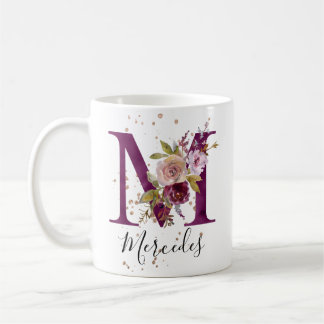 Burgundy Pink Blush Floral Letter M Monogram Kaffeetasse