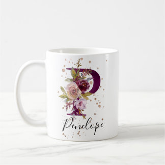 Burgundy Pink Blush Floral Letter P Monogram Kaffeetasse