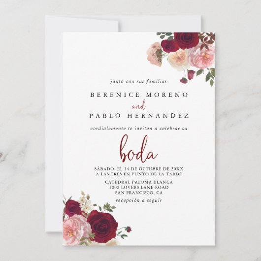 Burgundy Pink Blush Spanische Hochzeit mit florale Einladung (Vorderseite)
