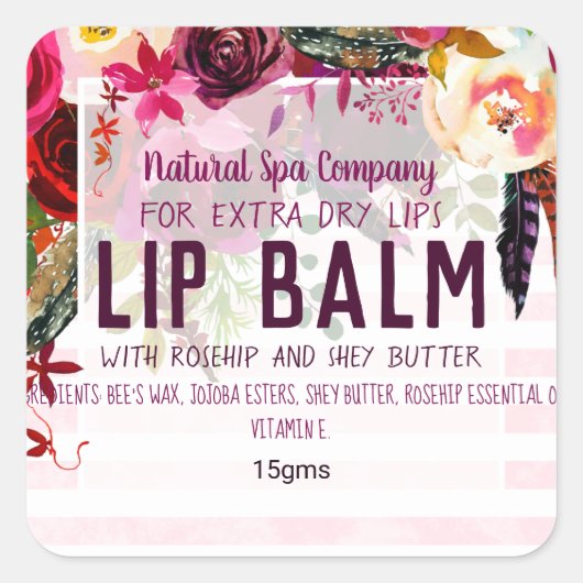 Burgundy Pink Boho Watercolor Lip Balm Labels Quadratischer Aufkleber (Vorderseite)