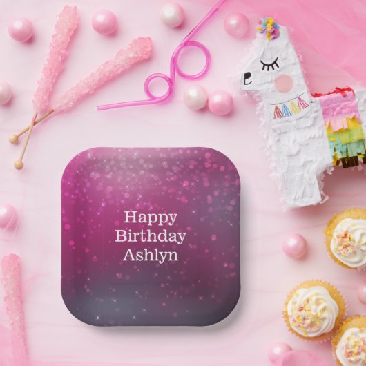 Burgundy Pink Bokeh Hearts Birthday Pappteller (Party)