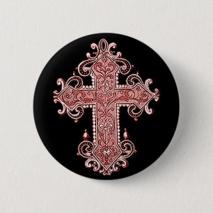 Burgundy Pink Cross Vintag Art Round Button! Button