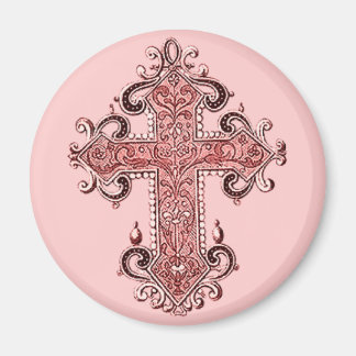 Burgundy Pink Cross Vintag Art Round Magnet! Magnet