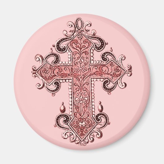 Burgundy Pink Cross Vintag Art Round Magnet! Magnet (Vorne)