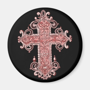 Burgundy Pink Cross Vintag Art Round Magnet! Magnet