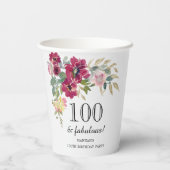 Burgundy Pink Floral 100. Geburtstag Pappbecher (Rückseite)
