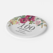 Burgundy Pink Floral 100. Geburtstag Pappteller (Schrägansicht)