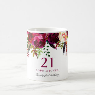Burgundy Pink Floral 21. Geburtstag Gast Geschenk Kaffeetasse