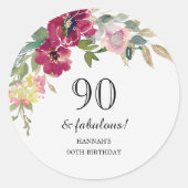 Burgundy Pink Floral 90. Geburtstag Runder Aufkleber (Vorderseite)