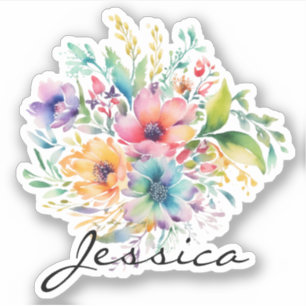 Burgundy Pink Floral Bouquet Persönlicher Name Aufkleber