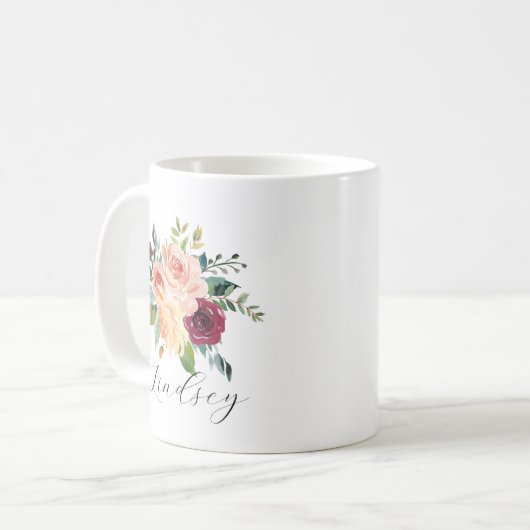 Burgundy Pink Floral Bouquet Script Name Kaffeetasse (Vorderseite Links)