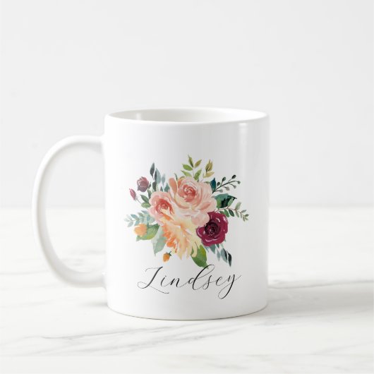 Burgundy Pink Floral Bouquet Script Name Kaffeetasse (Links)
