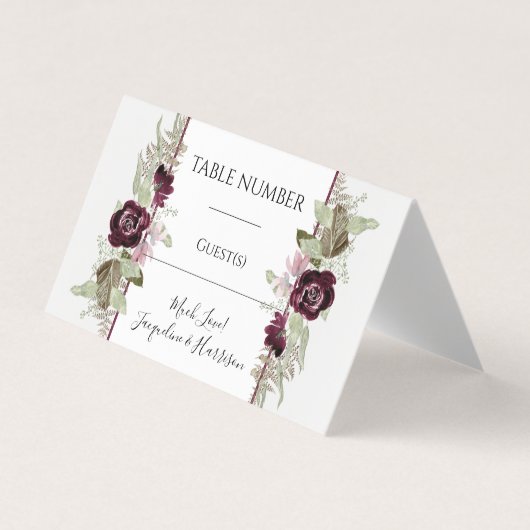 Burgundy Pink Floral Elegante Foliage Placecards Visitenkarten (Vorderseite)