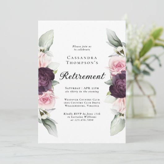 Burgundy Pink Floral Elegantes Party für die Ruhes Einladung (Stehend Vorderseite)