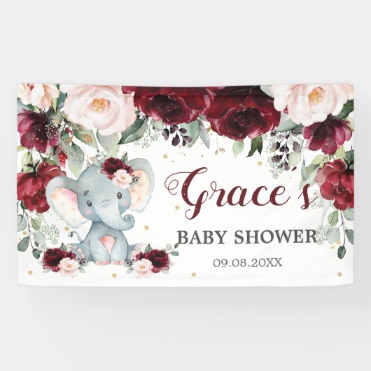 Burgundy Pink Floral Elephant Babydusche Hintergru Banner (Horizontal)
