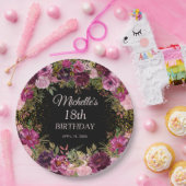 Burgundy Pink Floral Glitzer Black 18. Geburtstag Pappteller (Party)