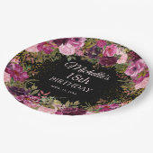Burgundy Pink Floral Glitzer Black 18. Geburtstag Pappteller (Schrägansicht)