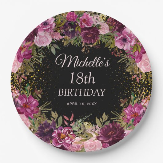 Burgundy Pink Floral Glitzer Black 18. Geburtstag Pappteller (Vorderseite)