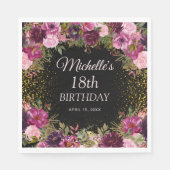 Burgundy Pink Floral Glitzer Black 18. Geburtstag Serviette (Vorderseite)