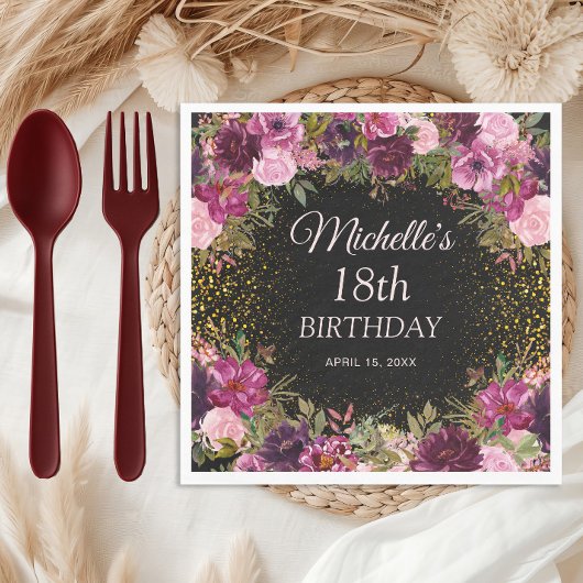 Burgundy Pink Floral Glitzer Black 18. Geburtstag Serviette