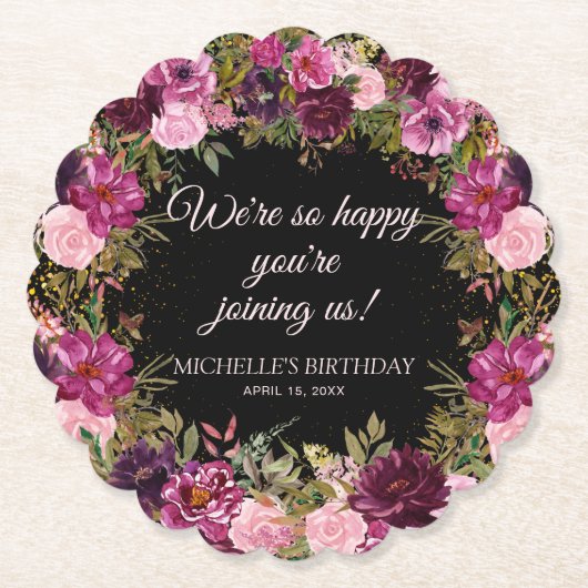 Burgundy Pink Floral Glitzer Black Birthday Untersetzer (Vorderseite)