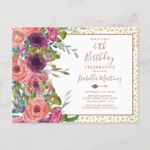 Burgundy Pink Floral Gold Glitzer 40. Geburtstag Einladungspostkarte