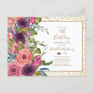 Burgundy Pink Floral Gold Glitzer 70. Geburtstag Einladungspostkarte