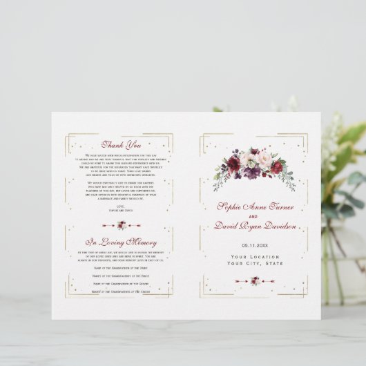Burgundy Pink Floral Gold Glitzer Wedding Program (Stehend Vorderseite)