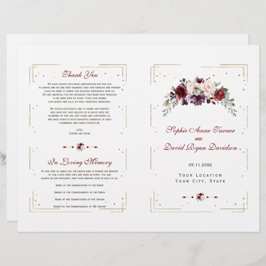 Burgundy Pink Floral Gold Glitzer Wedding Program (Vorne/Hinten)