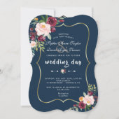 Burgundy Pink Floral Gold Navy Blue Wedding Einladung (Vorderseite)