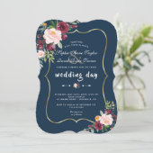 Burgundy Pink Floral Gold Navy Blue Wedding Einladung (Stehend Vorderseite)