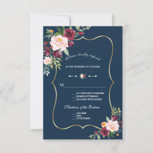 Burgundy Pink Floral Gold Navy Blue Wedding RSVP Karte