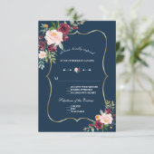 Burgundy Pink Floral Gold Navy Blue Wedding RSVP Karte (Stehend Vorderseite)