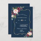 Burgundy Pink Floral Gold Navy Blue Wedding RSVP Karte (Vorne/Hinten)