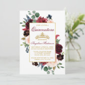 Burgundy Pink Floral Gold Quinceanera Einladung (Stehend Vorderseite)