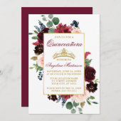 Burgundy Pink Floral Gold Quinceanera Einladung (Vorne/Hinten)