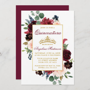 Burgundy Pink Floral Gold Quinceanera Einladung