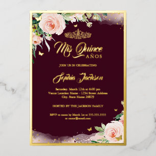 Burgundy Pink Floral Quinceanera Birthday Foil Folieneinladung