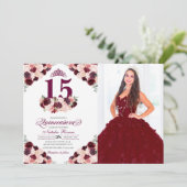 Burgundy Pink Floral Quinceanera Birthday Foto Einladung (Stehend Vorderseite)
