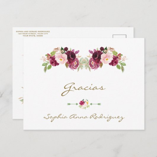 Burgundy Pink Floral Spanish Baby Dusche Gracias Postkarte (Vorne/Hinten)