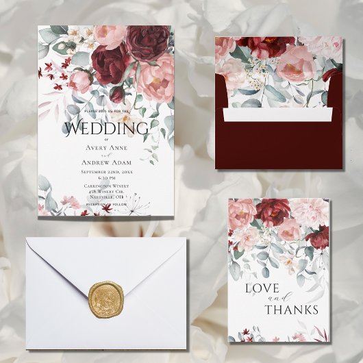 Burgundy Pink Floral Wedding Einladung