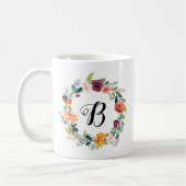 Burgundy Pink Floral Wreath Script Initial Kaffeetasse (Links)