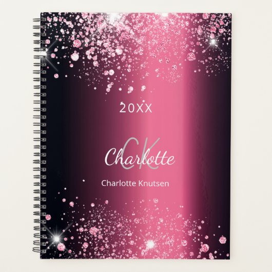 Burgundy Pink Glitzer Monogramm Name 2023 Planer (Vorderseite)